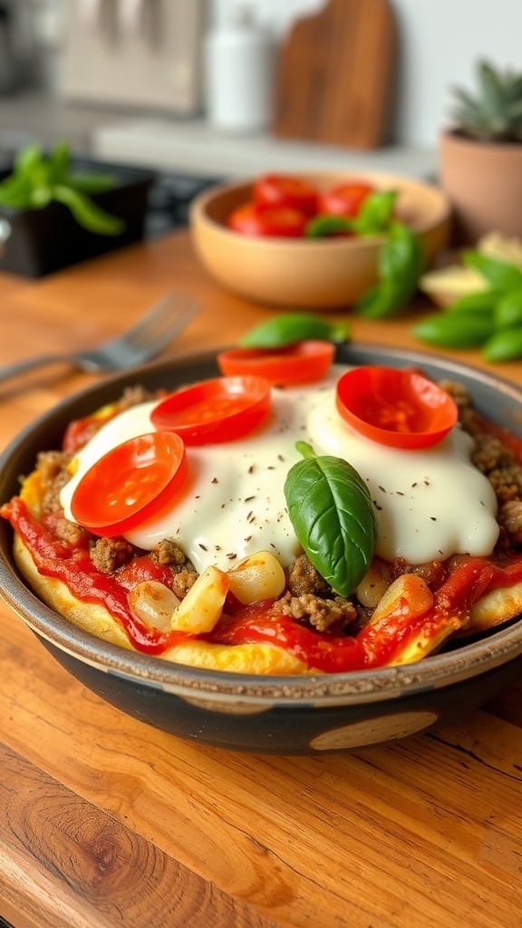 A crustless pizza bowl with ground meat, marinara sauce, mozzarella cheese, and pepperoni, garnished with basil.